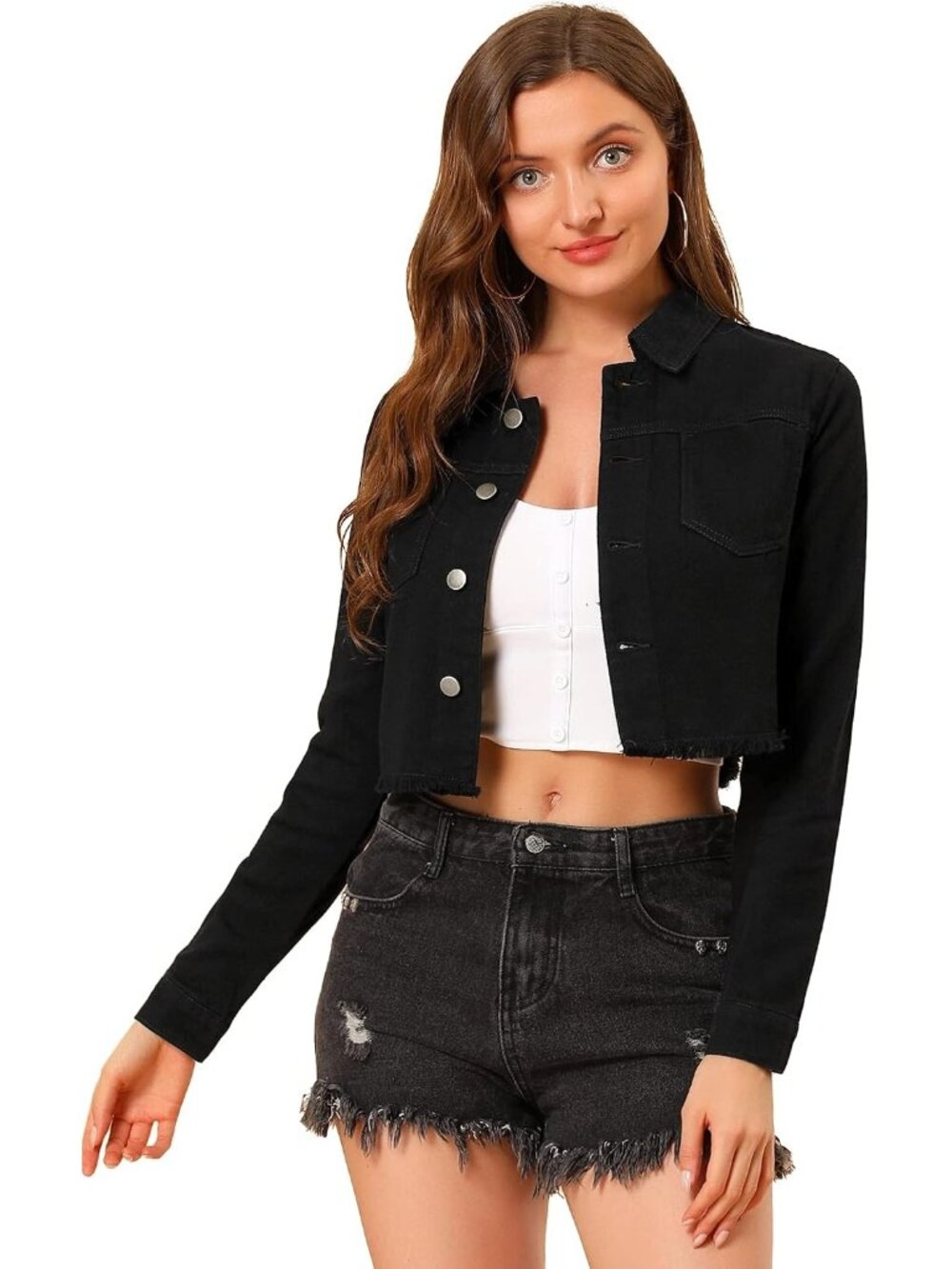 Women's Black Cropped Frayed Hem Turndown Collar Button Up Trendy Denim Jacket